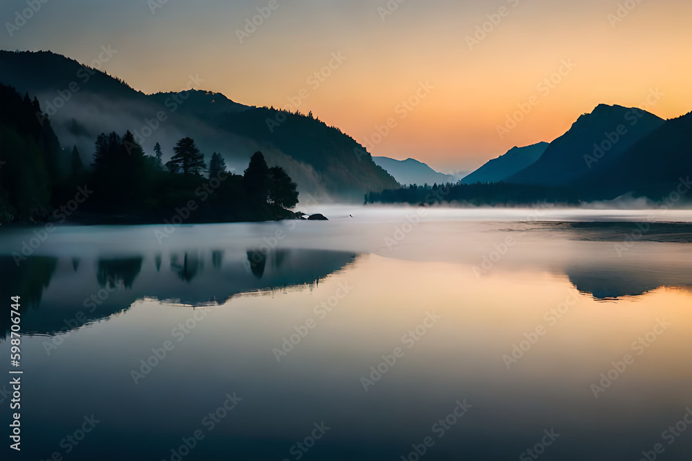 A serene lake reflecting the surrounding mountains in the early morning light