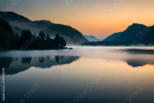 A serene lake reflecting the surrounding mountains in the early morning light © Beste stock