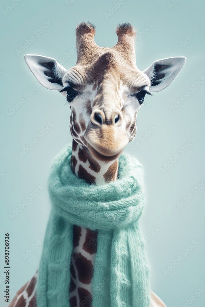 Funny Giraffe in mint-colored scarf on light background. Generative AI. High quality illustration