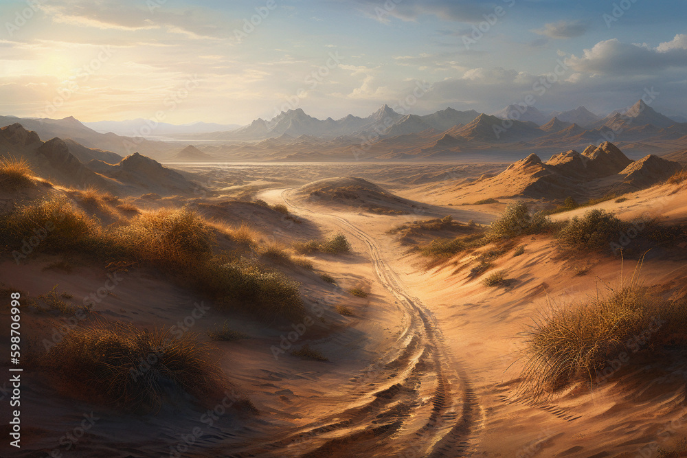 A deserted, dusty road stretching into the horizon. generative AI