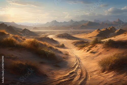 A deserted, dusty road stretching into the horizon. generative AI