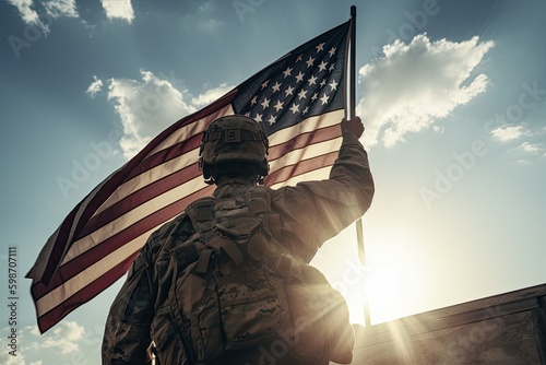 Wallpaper Mural An American soldier with an American flag in his hand looks out into the clear weather for Day of Remembrance or July 4, Day of Remembrance. generative ai Torontodigital.ca
