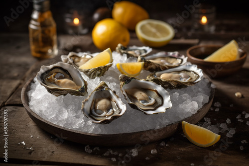 Platter of fresh oysters on crushed ice served with lemons. Generative Ai