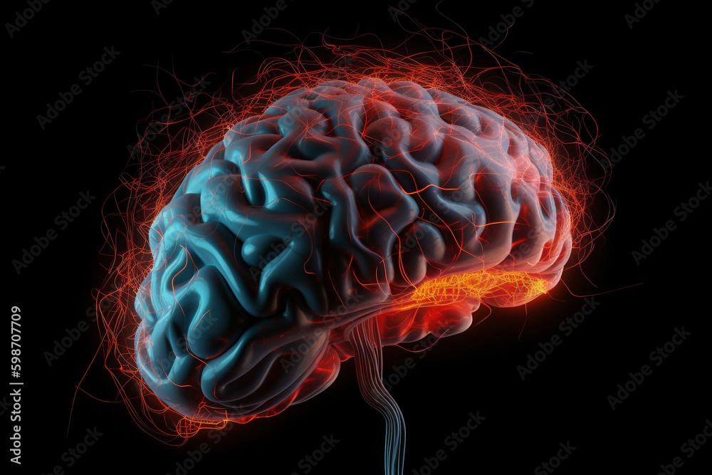 Human brain with a neural network of synapses lighting up. Generative AI Human brain with a neural network of synapses lighting up. Generative AI