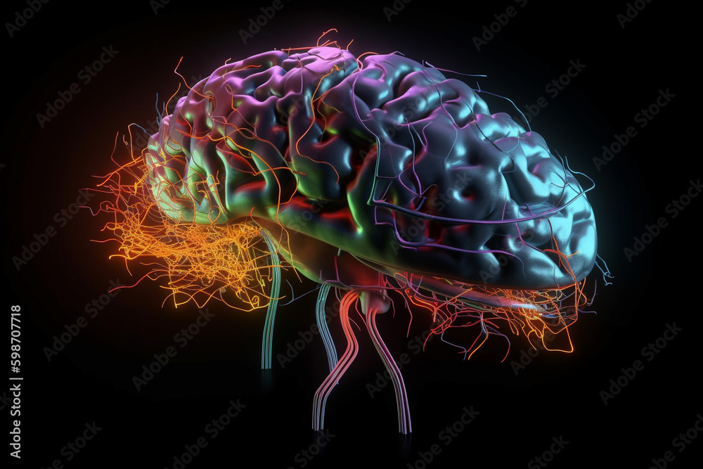 Human brain with a neural network of synapses lighting up. Generative AI Human brain with a neural network of synapses lighting up. Generative AI