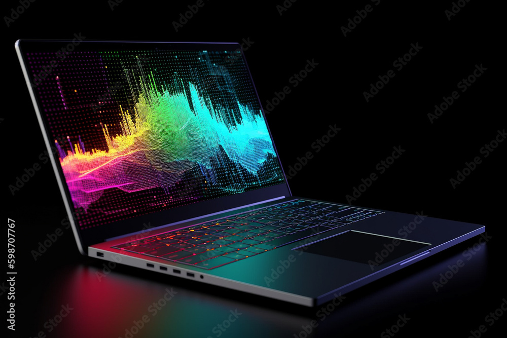 A laptop with analytical data and chart flows. 3D rendering illustration. Generative AI A laptop with analytical data and chart flows. 3D rendering illustration. Generative AI
