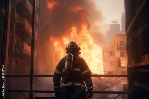 A firefighter battling a raging fire. generative AI