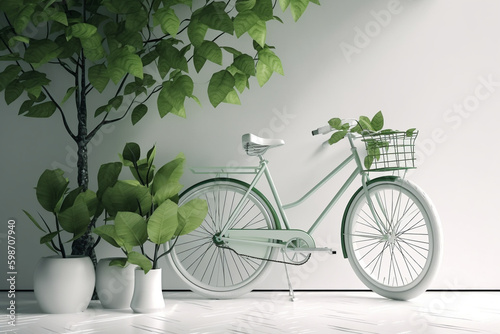 White bicycle and green leafs - sustainable and eco friendly or green transportration concept. Generative AI photo