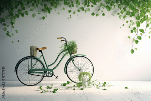 White bicycle and green leafs - sustainable and eco friendly or green transportration concept. Generative AI