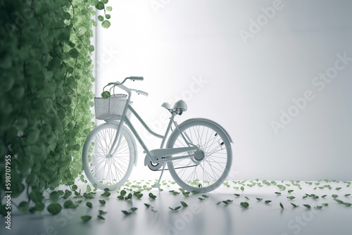 White bicycle and green leafs - sustainable and eco friendly or green transportration concept. Generative AI