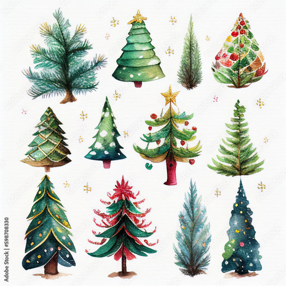 set of Christmas trees, watercolor style Generative AI