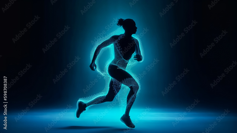 Silhouette of running athlete. Abstract image of sporty woman runner jogger on blue form lines, point background. Dynamic movement, vide view. Generative AI. High quality illustration Silhouette of running athlete. Abstract image of sporty woman runner jogger on blue form lines, point background. Dynamic movement, vide view. Generative AI. High quality illustration