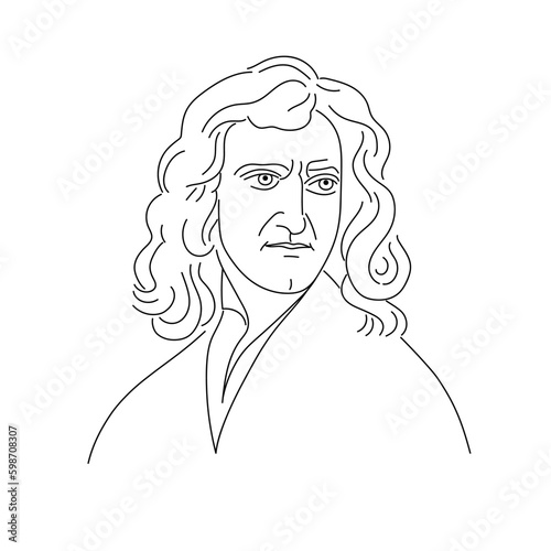 Portrait of Isaac Newton. Mathematician, Physicist, Astronomer, Alchemist, Theologian. Line, Round Brush. Isolated vector illustration.
