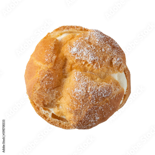 Cream puff, pastry from choux covered sugar powder closeup isolated 