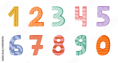 Bold patterned number set in childish naive style. Cute vector numbers for design template, poster, banner, greeting card. Cheerful, multi-colored clipart isolated on background