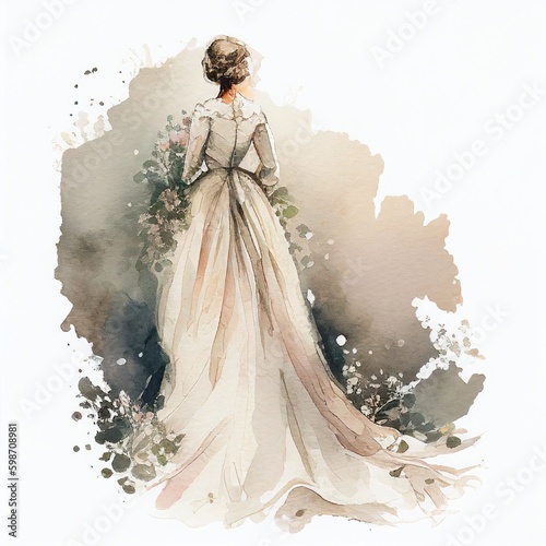 bride back view watercolor style Generative AI