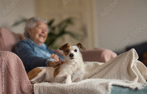 Senior woman enjoying time with her little dog.