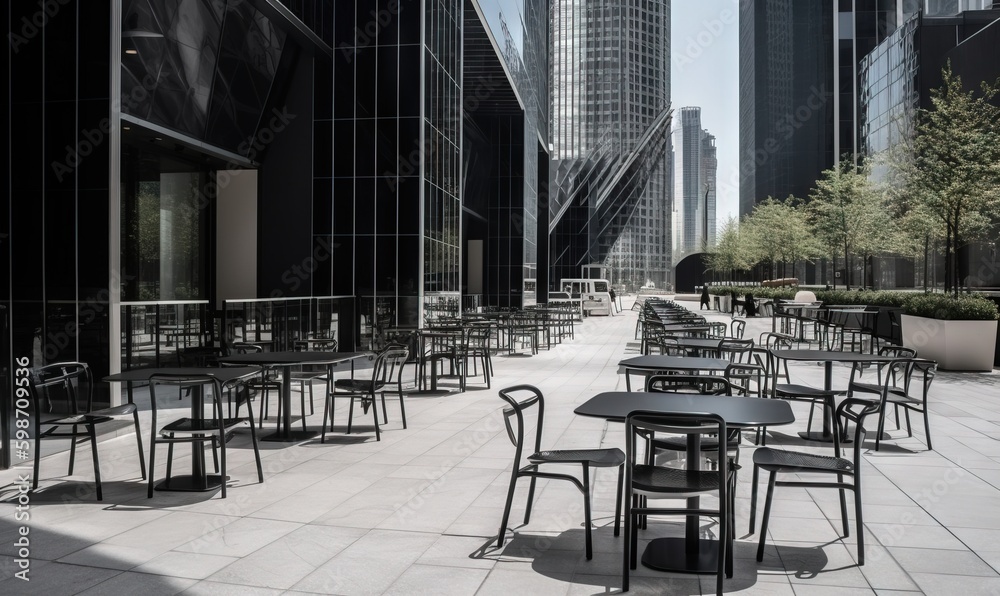  a row of tables and chairs sitting on a sidewalk next to tall buildings.  generative ai
