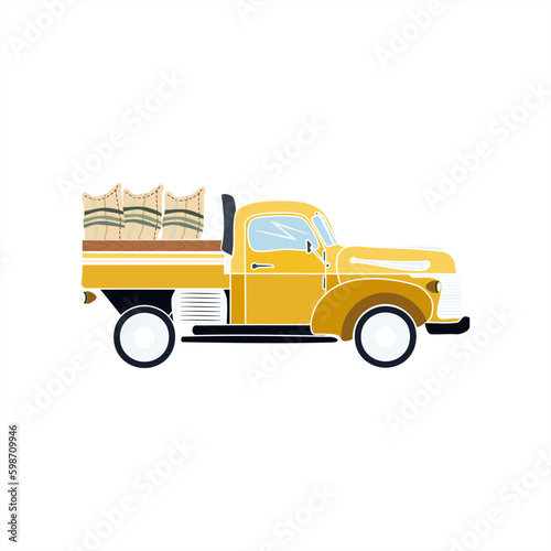 colorful illustration of a yellow old farm truck with a load of sacks of crops