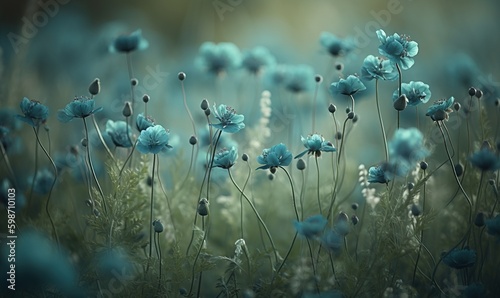  a bunch of blue flowers that are in a field of grass. generative ai
