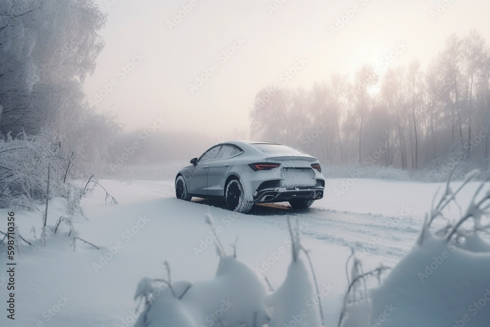 illustration, the car is covered with snow parked, ai generative illustration, the car is covered with snow parked, ai generative