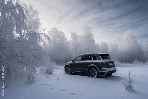 illustration, the car is covered with snow parked, ai generative