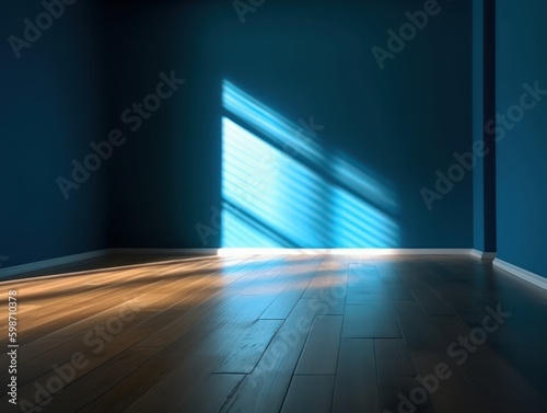 Blue empty wall and wooden floor with sun light coming from the windows. Generative AI.