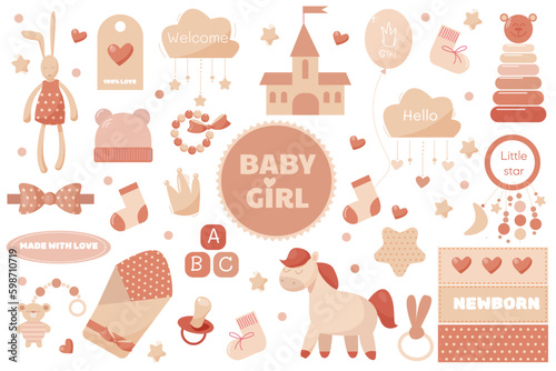 vector set pink toys for baby girl with lot of pretty decor