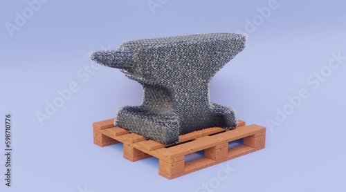 The anvil is packed in anti-shock film. Air bubble wrap with anvil on a wooden pallet. Safe transportation. Parcel delivery without damage. Delivery advertisement. 3d render.
