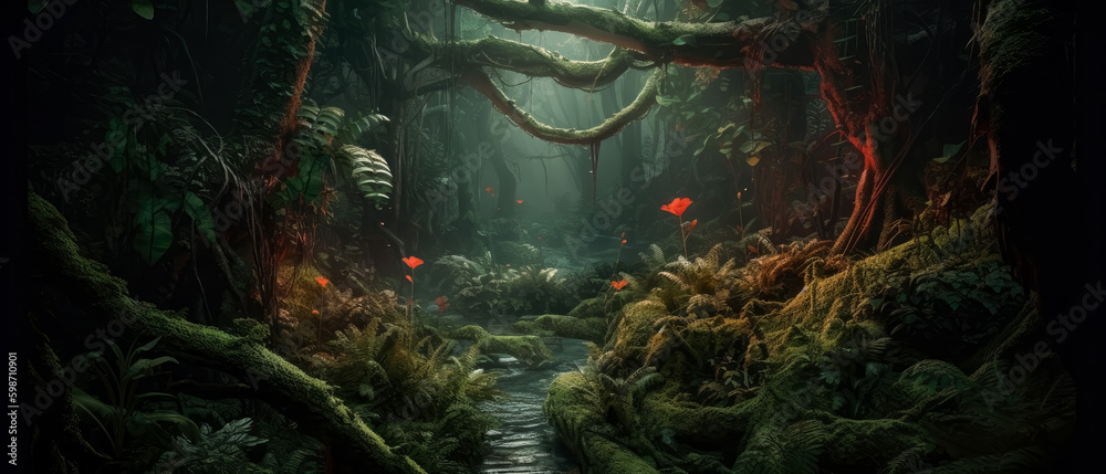 A green jungle with red leaves and trees, in the style of medieval fantasy. Generative Ai. 