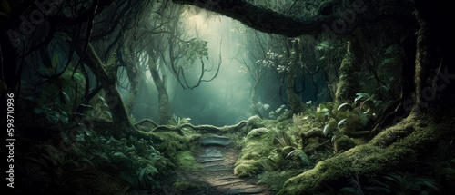 Fairy forest with trees and grass, landscapes, detailed fantasy art, and dark green forest passage. Generative Ai. 