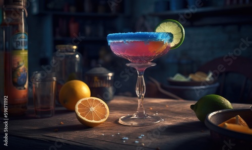  a colorful drink in a glass with a slice of lime. generative ai