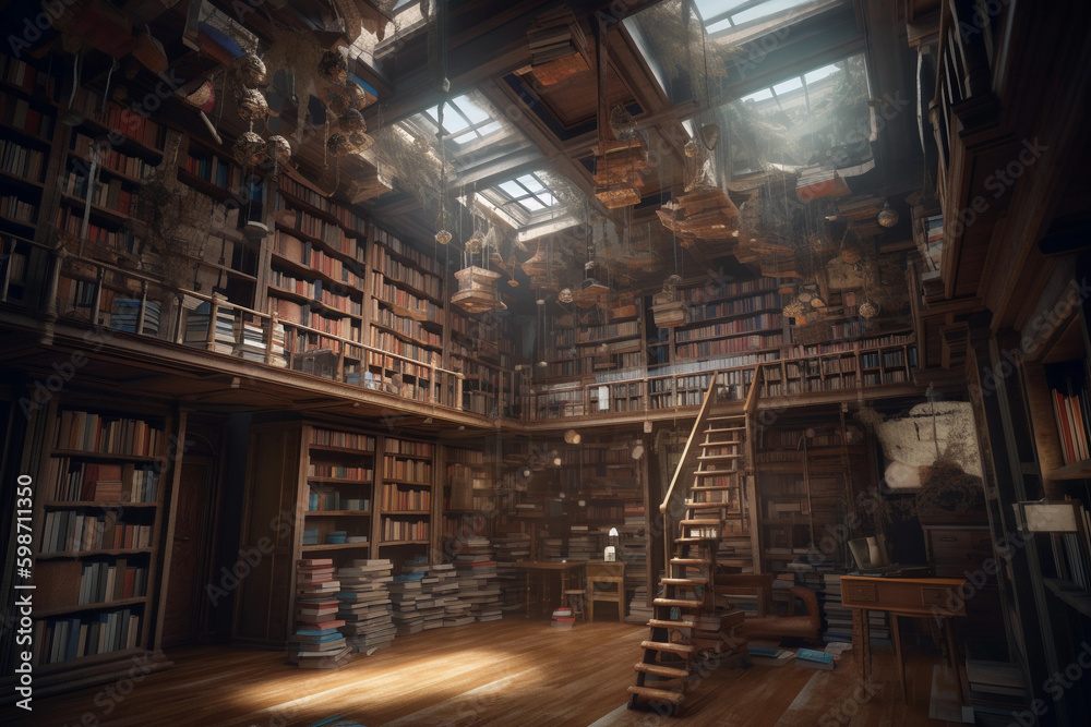 A magical library where books organize themselves. generative AI