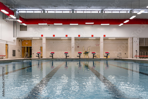 Starting block at a public interior swimming pool / natatorium sports facility. photo