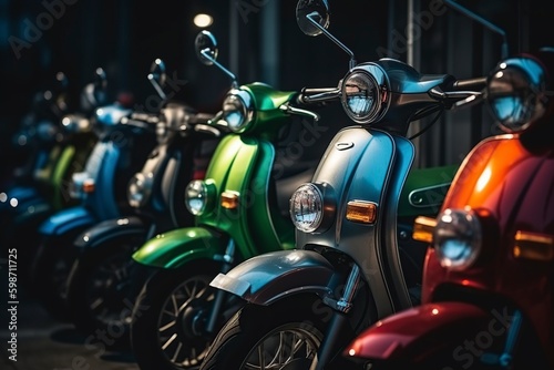 illustration, parking of mopeds of different colors, ai generative. photo