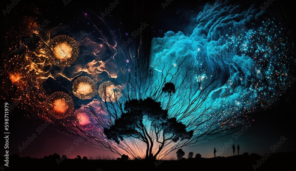 colorful fireworks over the forest on a dark background.