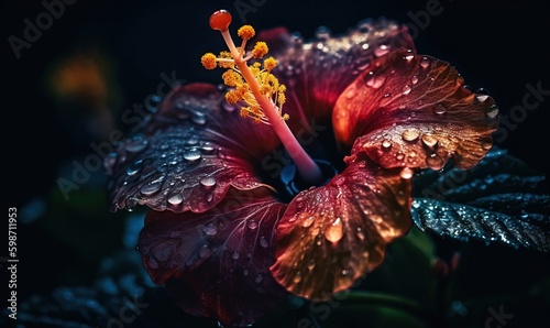  a red flower with water droplets on it's petals.  generative ai © Olga