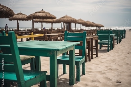 illustration  outdoor restaurant on the beach with table and chairs  ai generative.