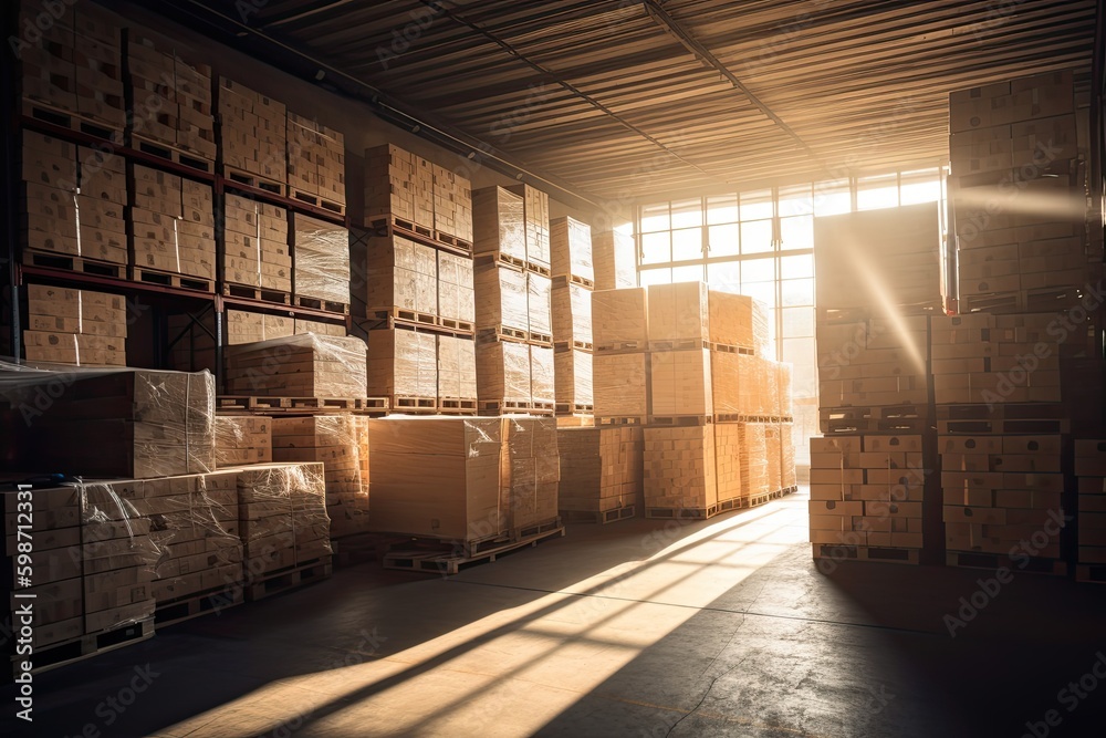 Modern Warehouse Storage Solutions: Stacking Cardboard Boxes Into Shelves for Industry Commerce Logistics: Generative AI