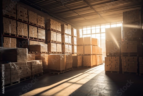Modern Warehouse Storage Solutions: Stacking Cardboard Boxes Into Shelves for Industry Commerce Logistics: Generative AI