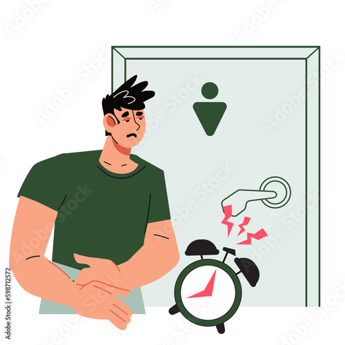 Man waiting at toilet door, feeling uncomfortable with a full bladder or stomach cramp. Man experiencing an urge to defecate or urinate, flat vector illustration isolated on white background.