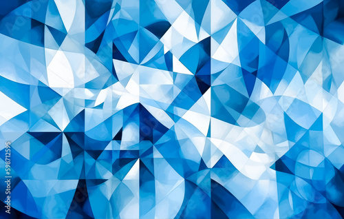 Blue and abstract pattern background, style soft geometric cubism, ethereal watercolor. Generative Ai. 