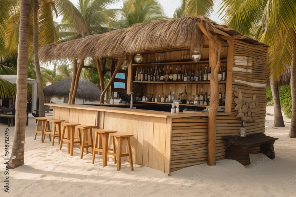 Fototapeta premium Wooden beach cocktail bar on tropical island in carribean, summer holiday in paradise