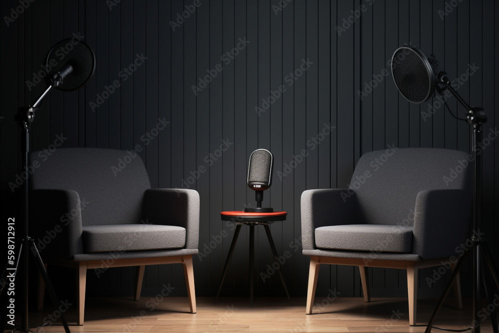 Two chairs and microphones in podcast or interview room on dark background, banner for media conversations or podcast streamers concepts with copyspace