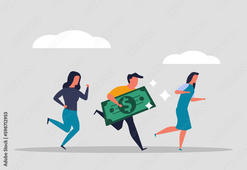 Saving money, people carry a banknote and run. Capital or wages for company employees. Bank insurance of funds and investments in the future. Vector illustration Saving money, people carry a banknote and run. Capital or wages for company employees. Bank insurance of funds and investments in the future. Vector illustration