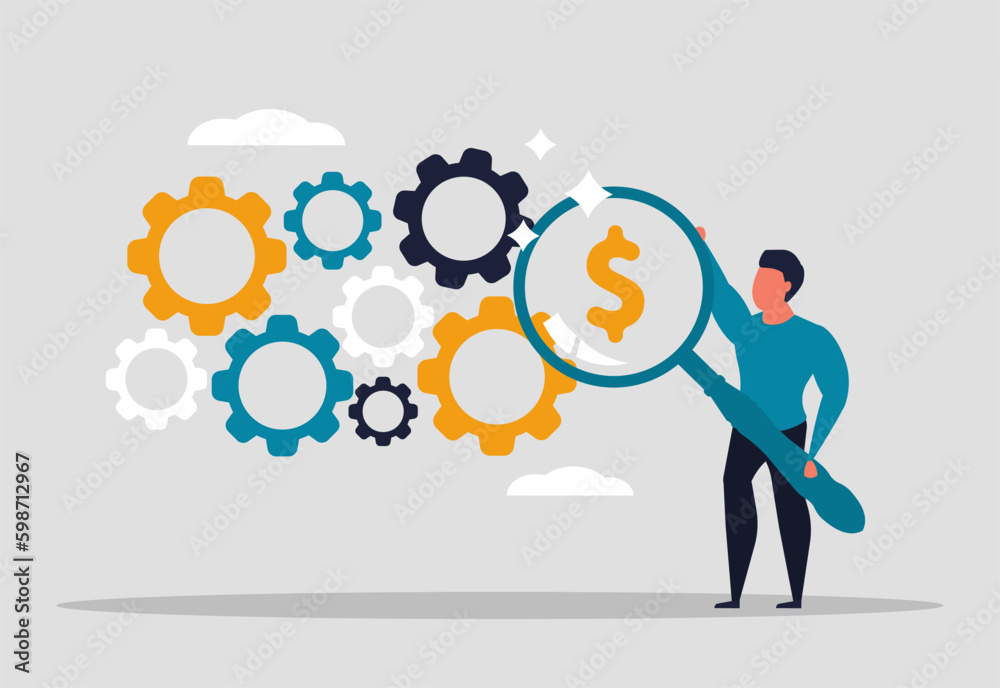 Work optimization for more efficient results. A man stands with a magnifying glass and examines the gears. Company profit and cost strategy. Vector illustration concept