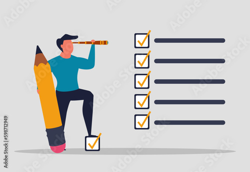 A man performs tasks, completing assignments to the end. List of cases or tasks, business project implementation. The man holds a pencil and marks the completed items of the task. Vector illustration