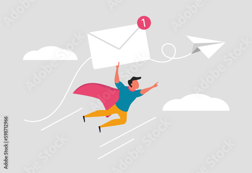 Sending an email to customers or buyers for communication. Subscribe to updates for the service, for fresh news. Corporate mail distribution service. Male hero flies with a letter. Vector illustration