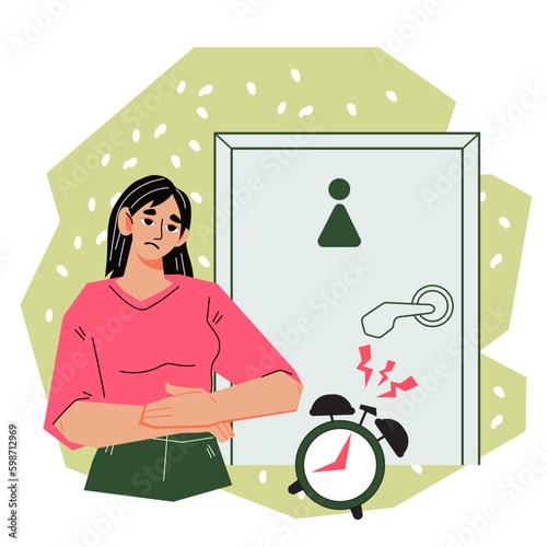 Woman waiting at toilet door feeling discomfort with full bladder or stomach, urge to have a bowel movement or urinate, flat cartoon vector illustration isolated on white background.