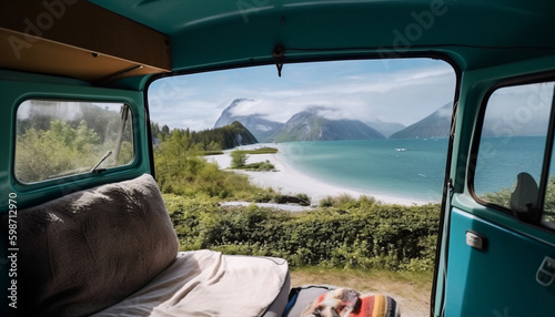 View of the sea and the beach from the interior of a vintage van for camping and traveling, generated AI